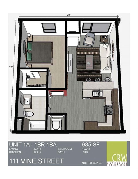 Floor plan for 1 bed, 1 bath, 907 sqft